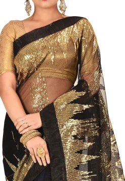 Embroidered Net Saree in Black
