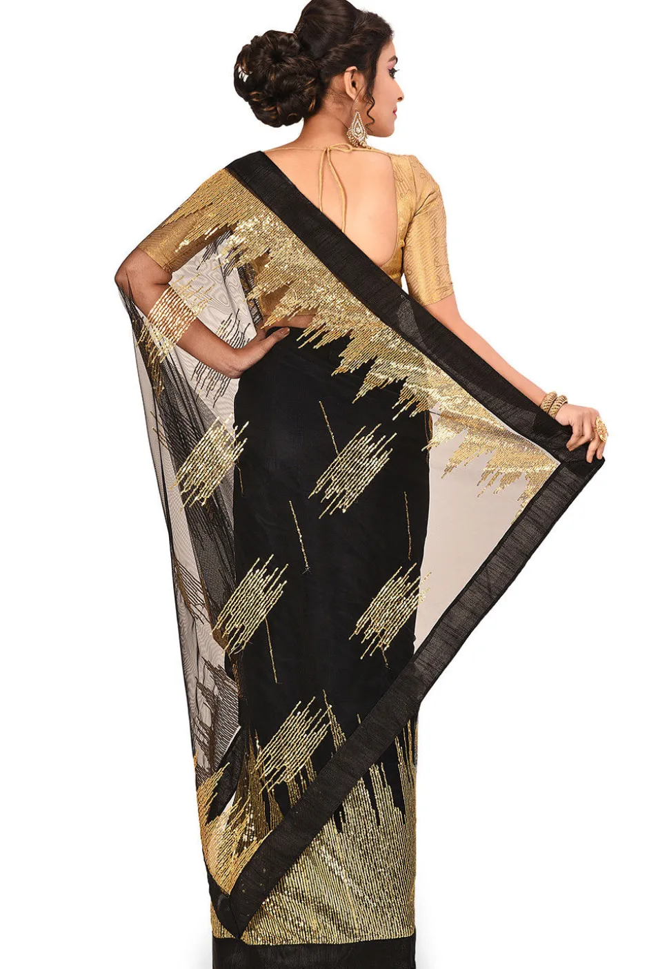 Embroidered Net Saree in Black