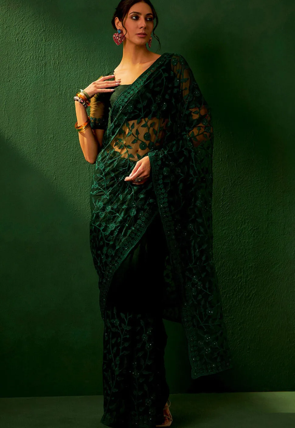Embroidered Net Saree in Dark Green