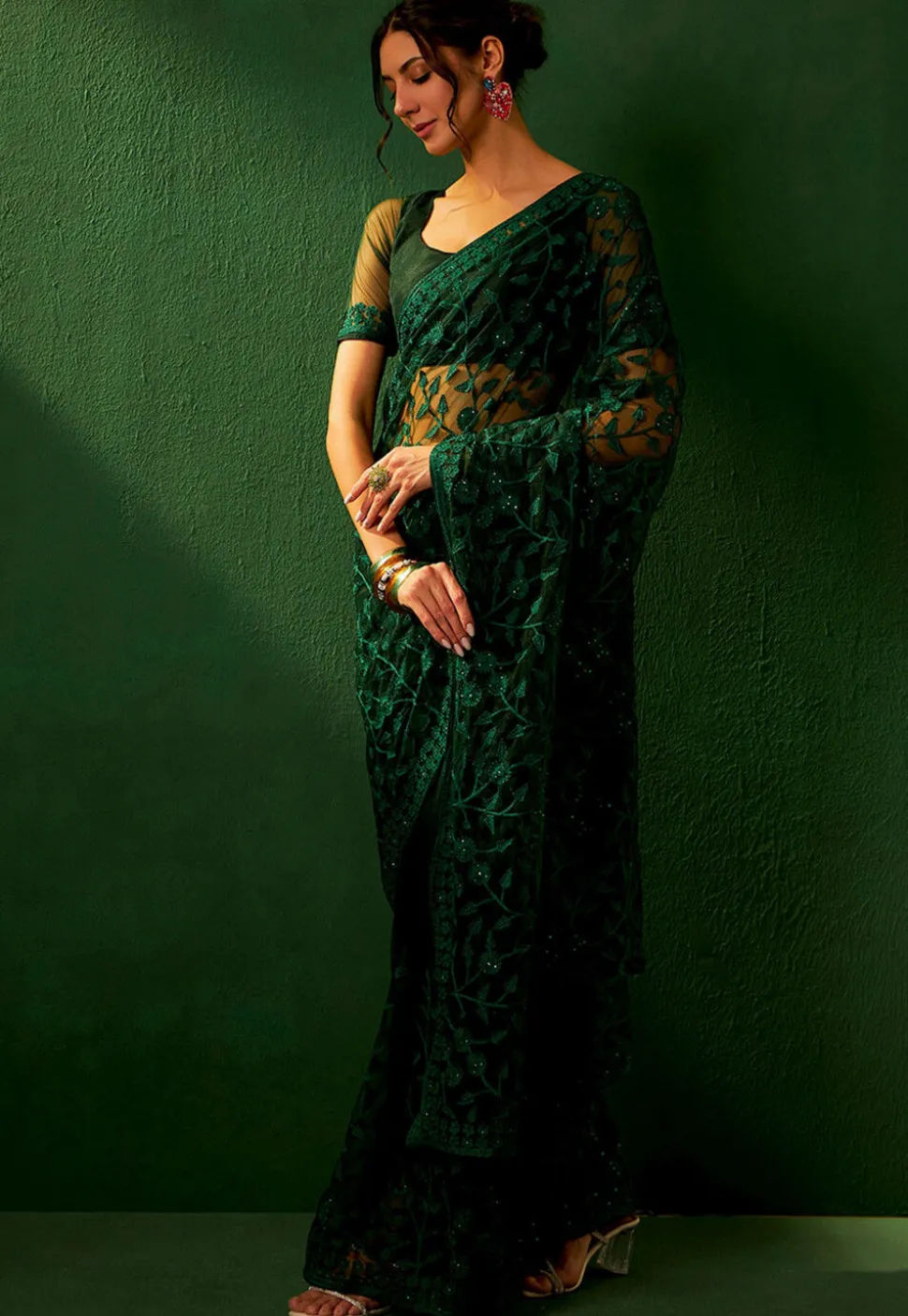 Embroidered Net Saree in Dark Green