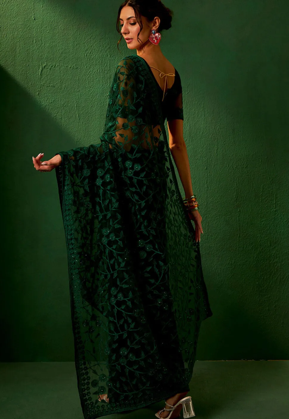 Embroidered Net Saree in Dark Green