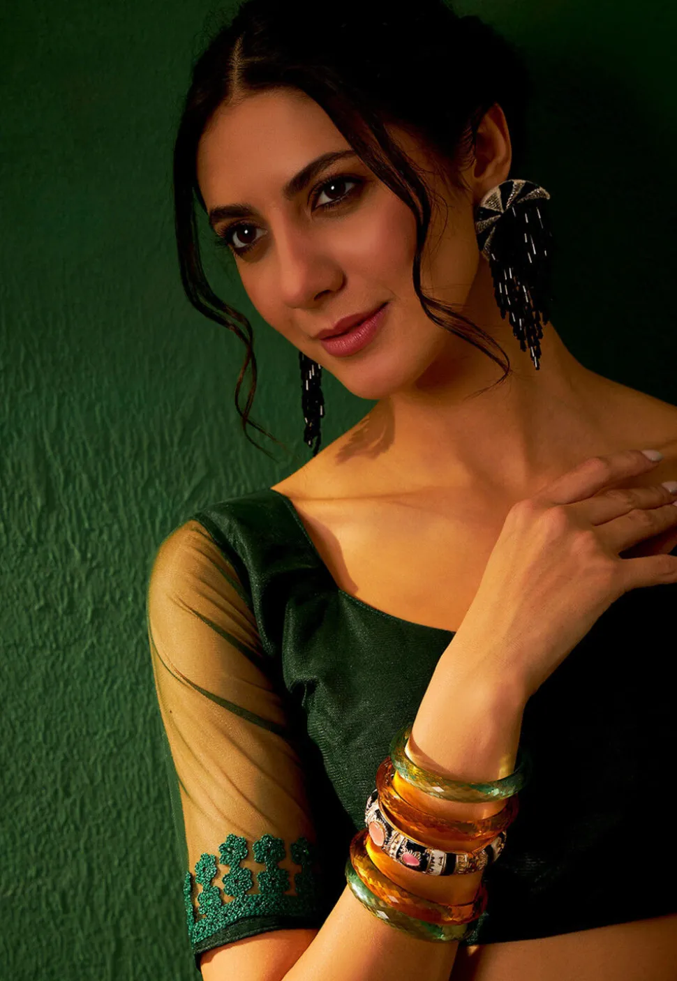 Embroidered Net Saree in Dark Green