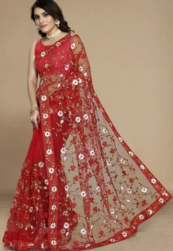 Embroidered Net Saree in Red