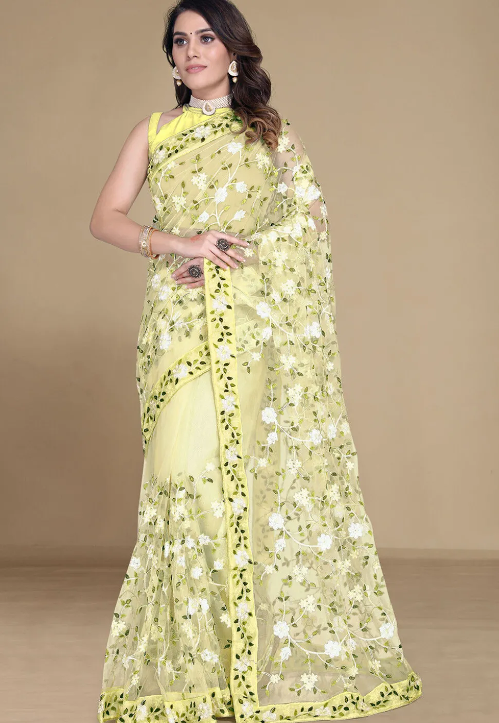 Embroidered Net Saree in Yellow