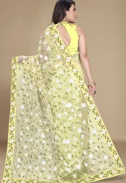 Embroidered Net Saree in Yellow