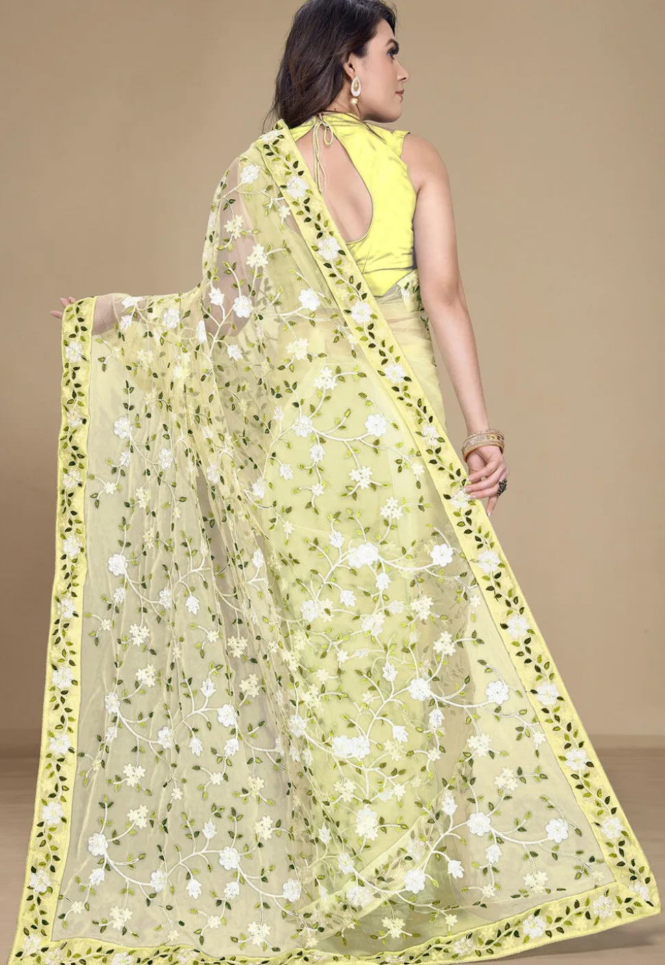 Embroidered Net Saree in Yellow