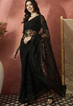 Embroidered Net Saree in Black