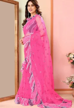 Embroidered Net Saree in Pink
