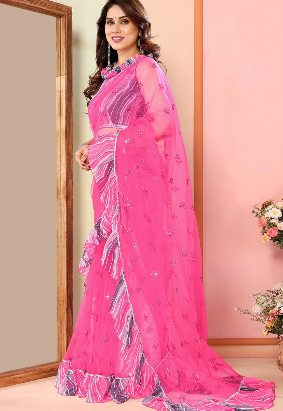 Embroidered Net Saree in Pink