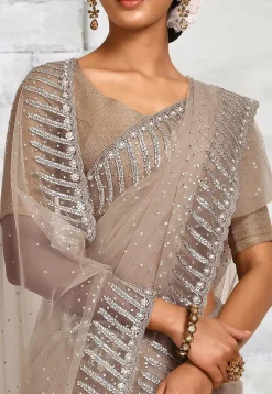 Embroidered Net Saree in Beige