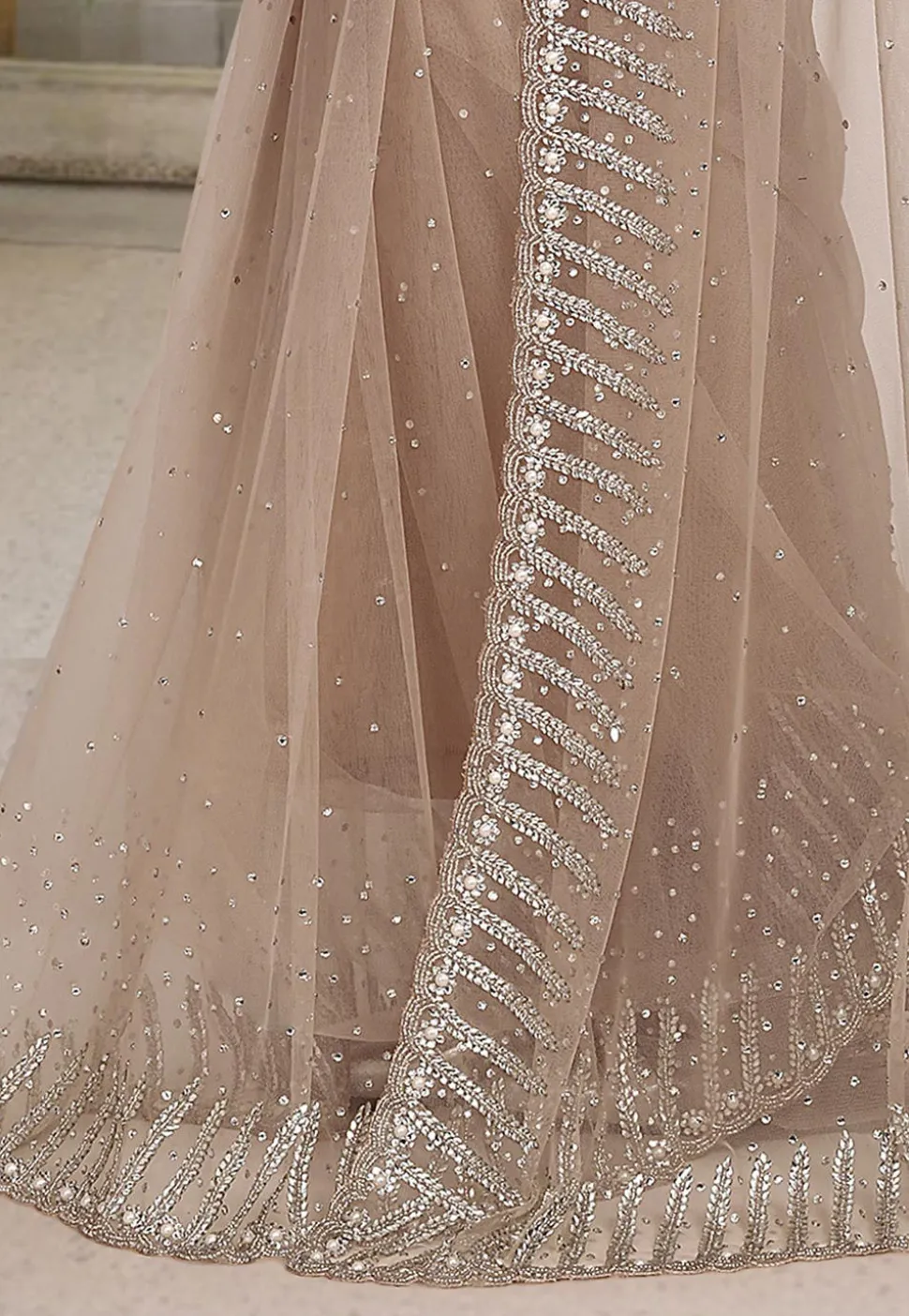 Embroidered Net Saree in Beige