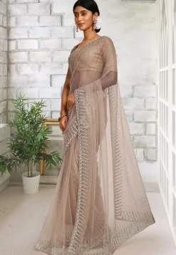 Embroidered Net Saree in Beige