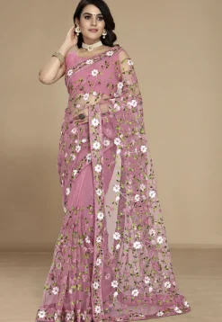 Embroidered Net Saree in Pink