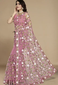 Embroidered Net Saree in Pink