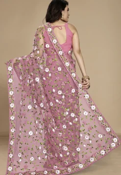 Embroidered Net Saree in Pink