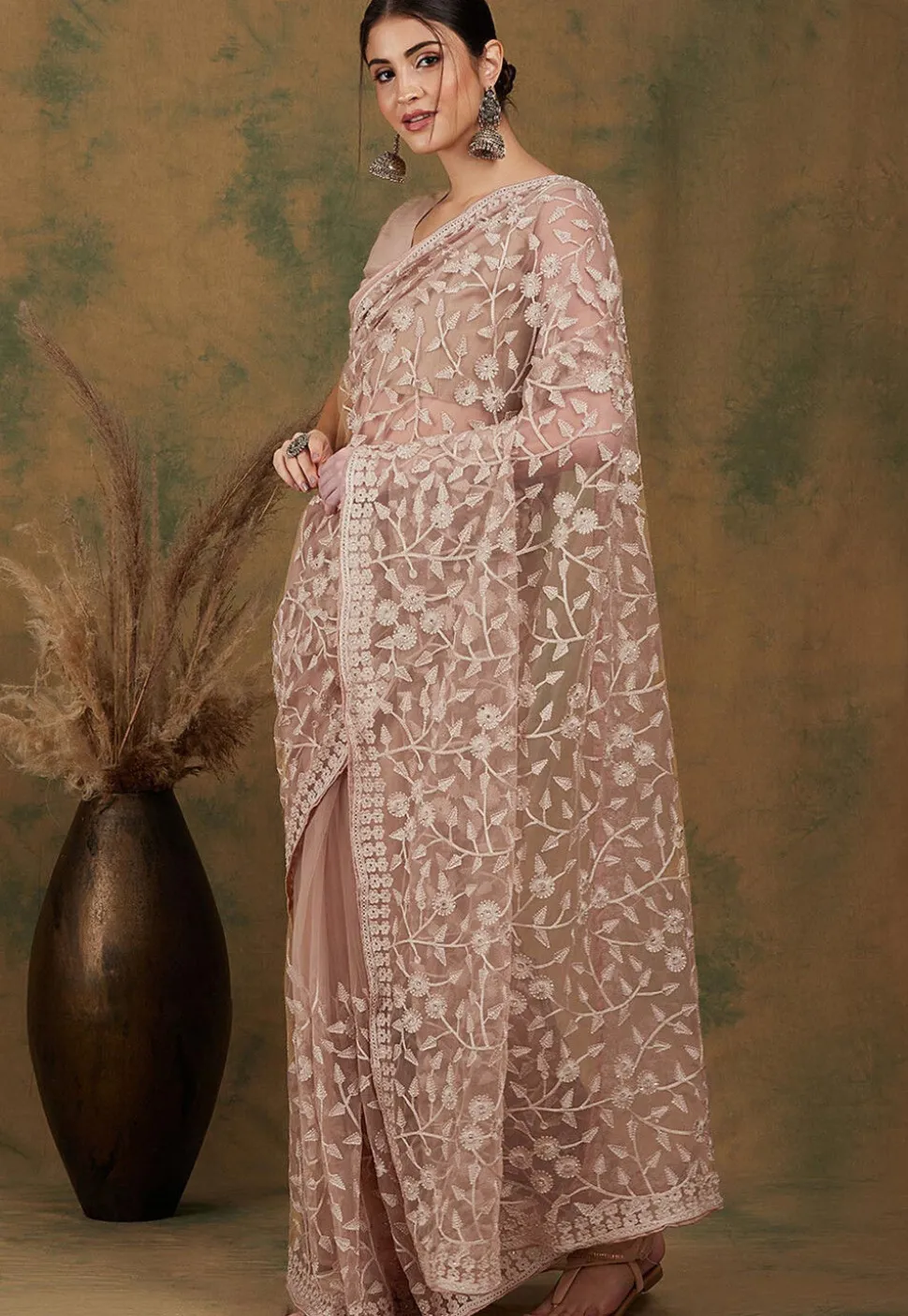 Embroidered Net Saree in Beige