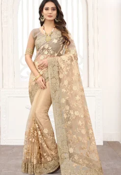 Embroidered Net Saree in Beige