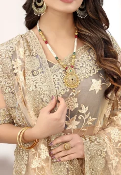 Embroidered Net Saree in Beige