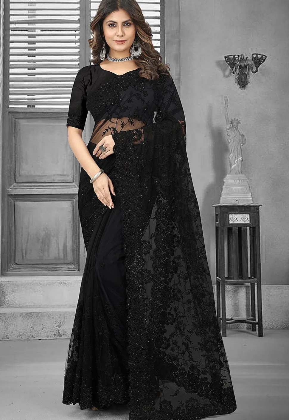 Embroidered Net Saree in Black