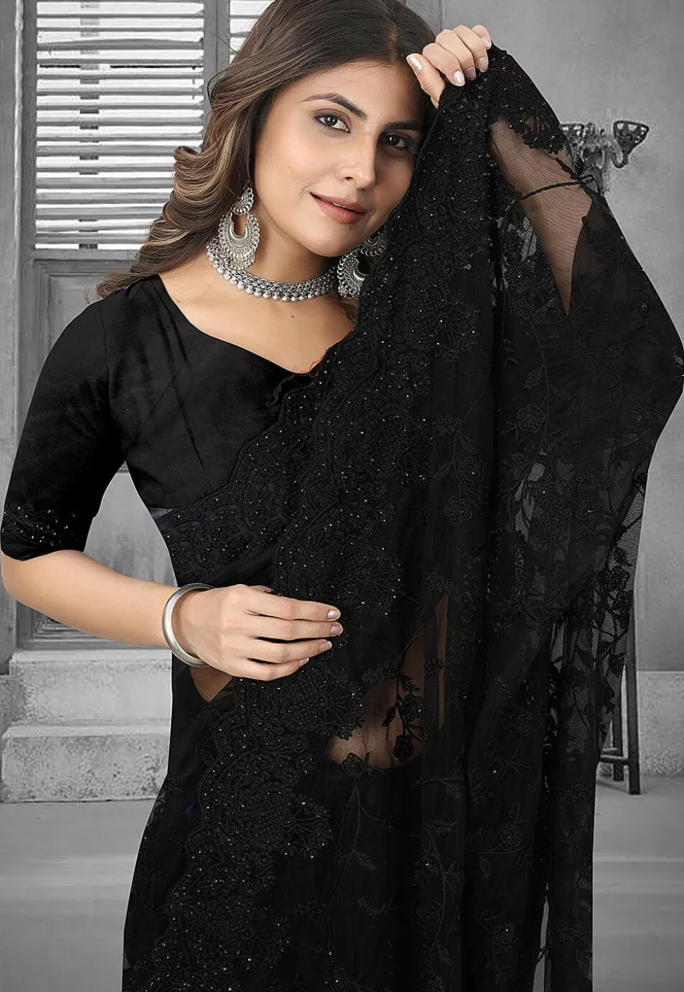Embroidered Net Saree in Black