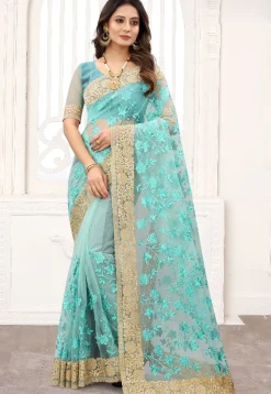 Embroidered Net Saree in Light Blue