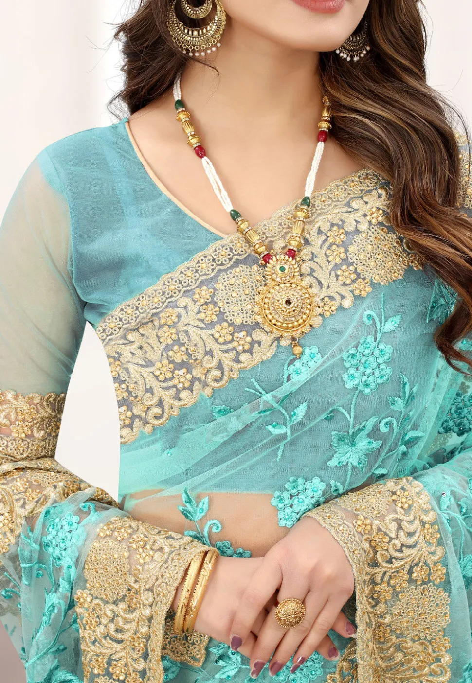 Embroidered Net Saree in Light Blue