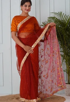 Embroidered Net Saree in Rust and Pink