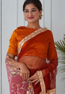 Embroidered Net Saree in Rust and Pink