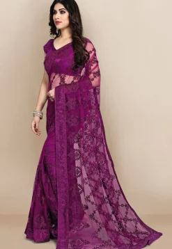 Embroidered Net Saree in Purple