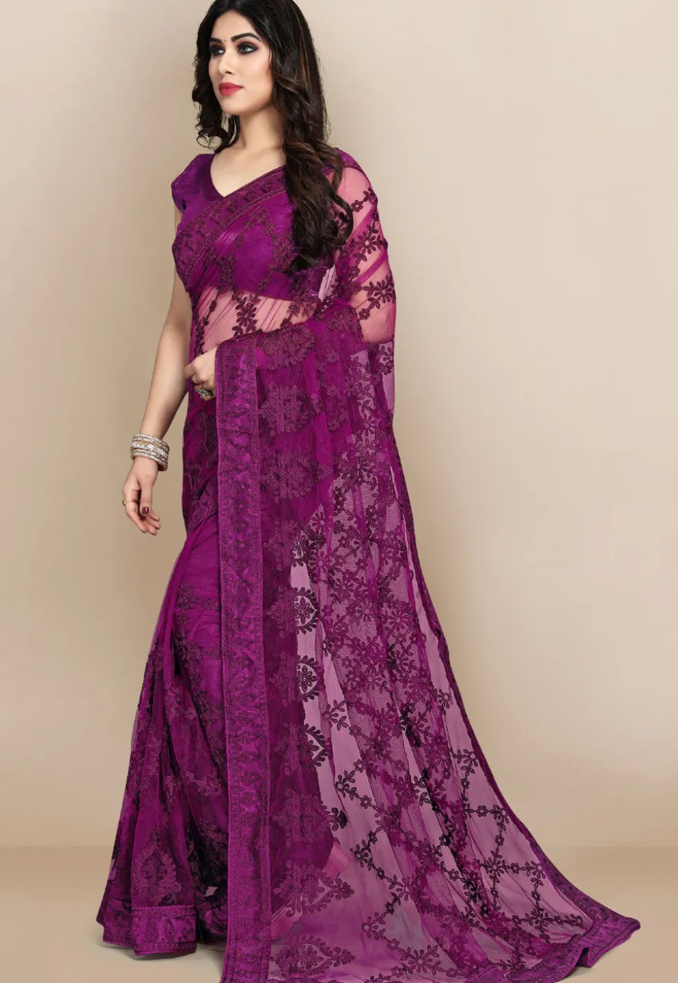 Embroidered Net Saree in Purple