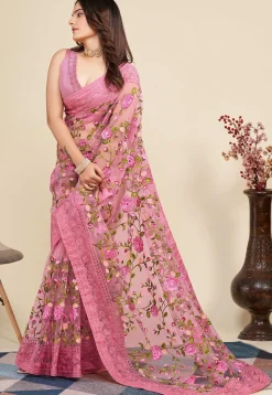 Embroidered Net  Saree in Pink