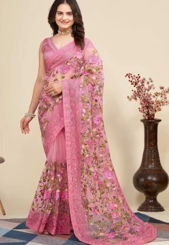 Embroidered Net  Saree in Pink