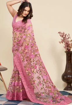 Embroidered Net  Saree in Pink