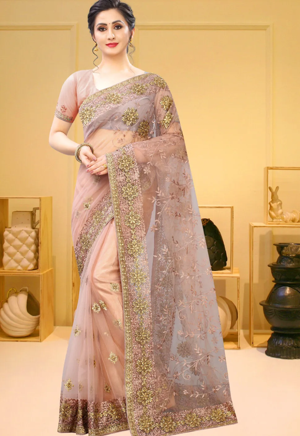 Embroidered Net Saree in Light Old Rose