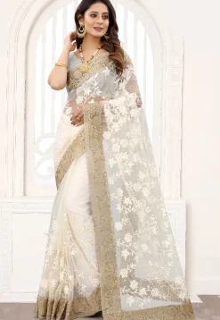 Embroidered Net Saree in Off White