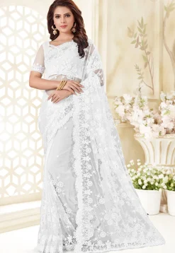 Embroidered Net Saree in White