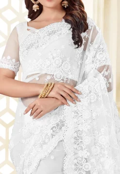 Embroidered Net Saree in White