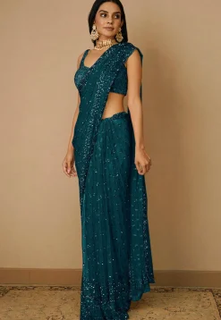 Embroidered Net Saree in Teal Blue