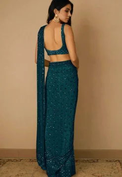 Embroidered Net Saree in Teal Blue
