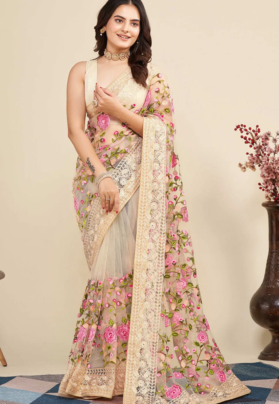 Embroidered Net Saree in Beige