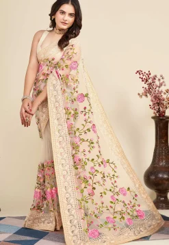 Embroidered Net Saree in Beige