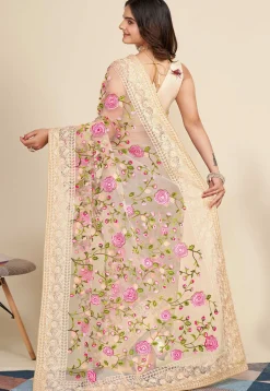 Embroidered Net Saree in Beige