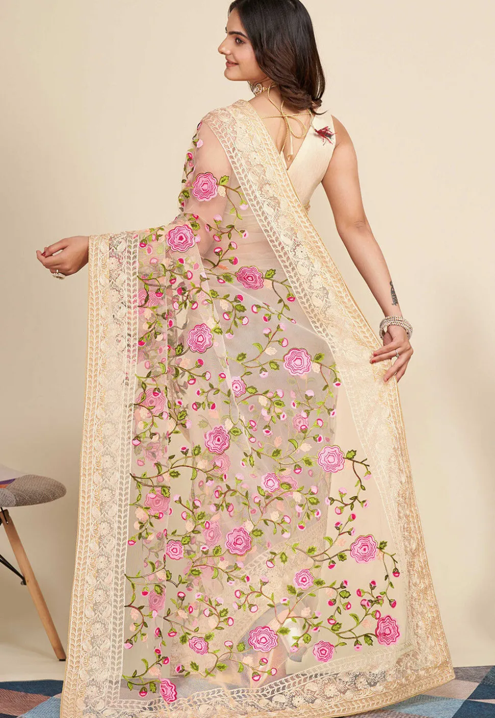 Embroidered Net Saree in Beige
