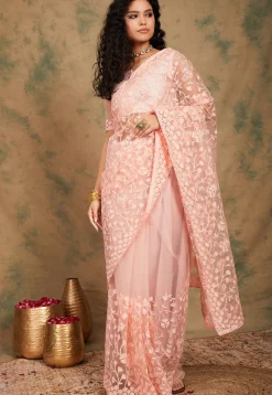 Embroidered Net Saree in Peach
