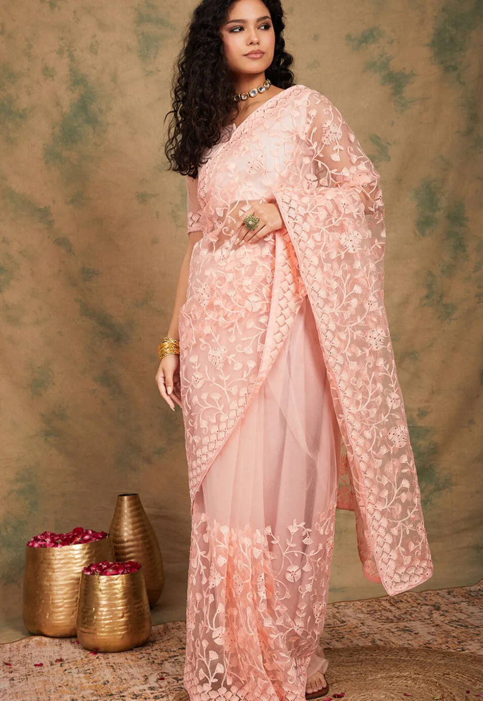 Embroidered Net Saree in Peach