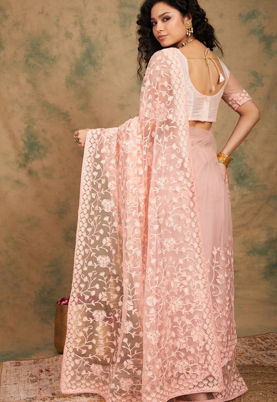 Embroidered Net Saree in Peach