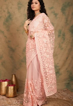 Embroidered Net Saree in Peach
