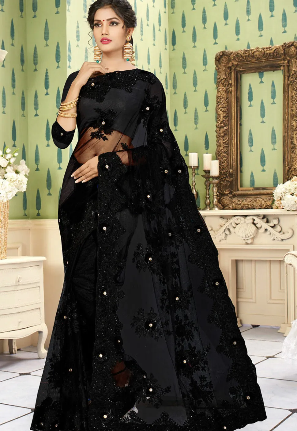 Embroidered Net Saree in Black