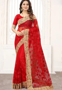 Embroidered Net Saree in Red