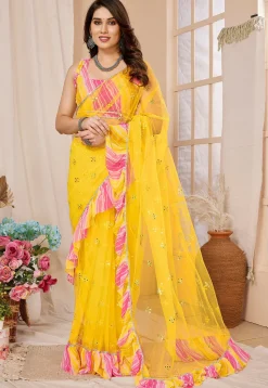 Embroidered Net Saree in Yellow